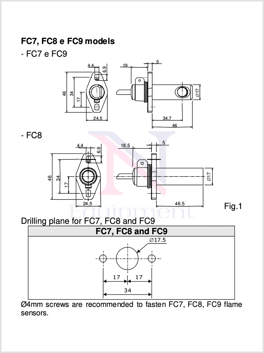 Brahma FC7/R flame sensor dimensional drawing